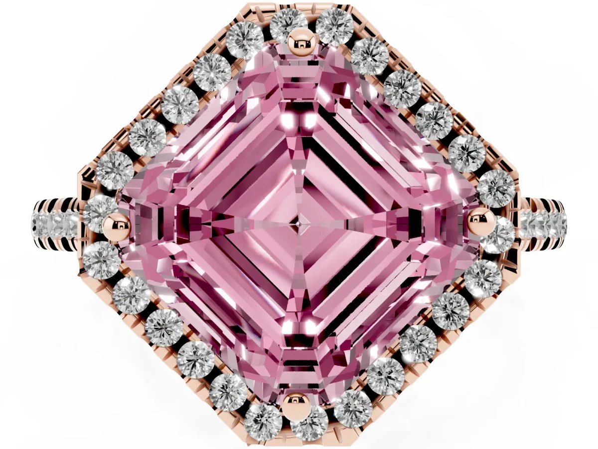 Fancy Pink Asscher Cut Diamond Cushion Halo Ring with Pavé Band Rose gold