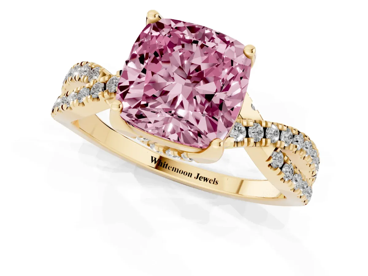 Fancy Pink Cushion Cut Solitaire Twist Pave Diamond Engagement Ring with Prong Setting Yellow gold