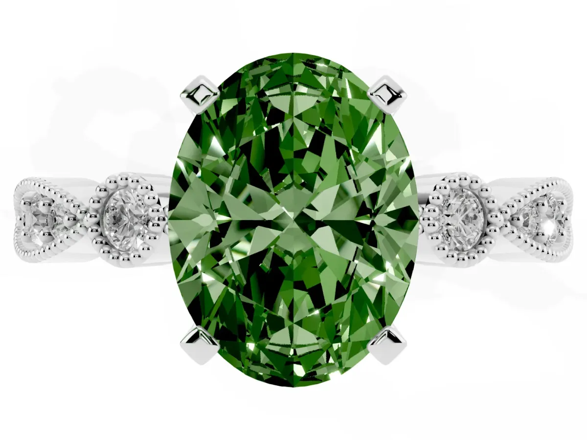 Fancy Green Oval Cut Milgrain Bezel Diamond Engagement Ring with Solitaire Prong Setting Platinum