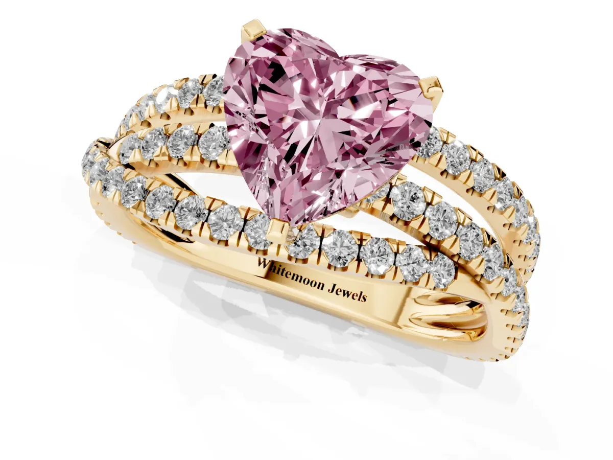 Fancy Pink Heart Cut Solitaire Twist Band with Pavé Setting and Four-Prong Setting Yellow gold