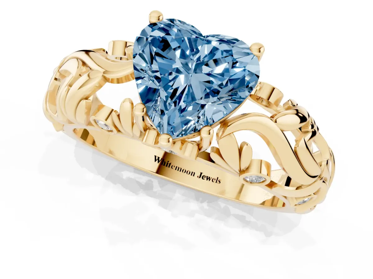 Fancy Blue Heart Cut Solitaire Diamond Leaf-Inspired Vine Band Ring with Prong Setting Yellow gold