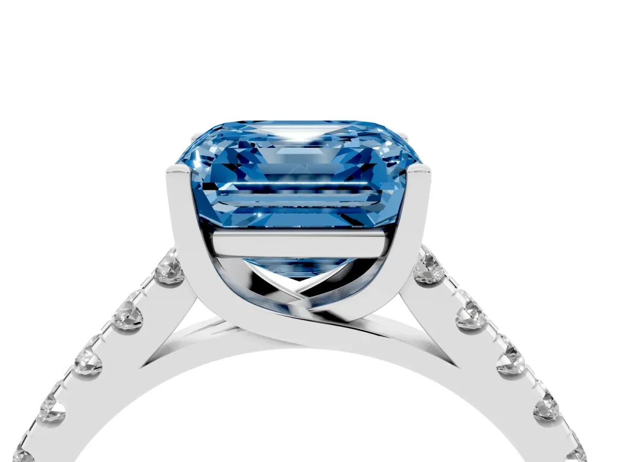 Fancy Blue Asscher Cut Diamond Pavé Band Solitaire Ring with Prong Setting Silver