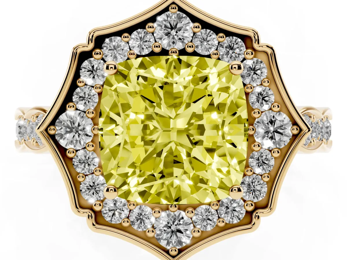 Fancy Yellow Cushion Cut Halo Diamond Engagement Ring with Milgrain Band and Four-Prong Setting Yellow gold