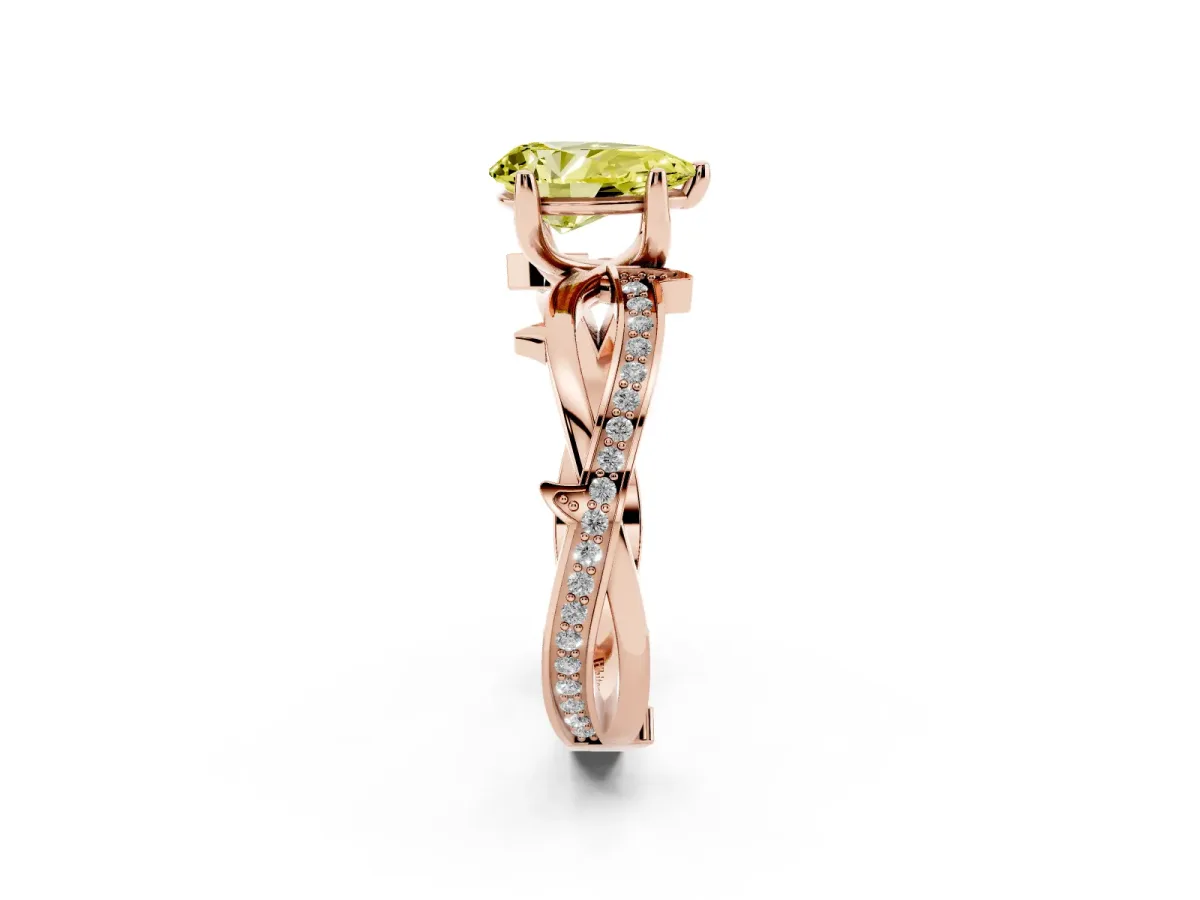 Fancy Yellow Pear Cut Solitaire Twist Band with Pavé Accents and Four-Prong Setting Rose gold