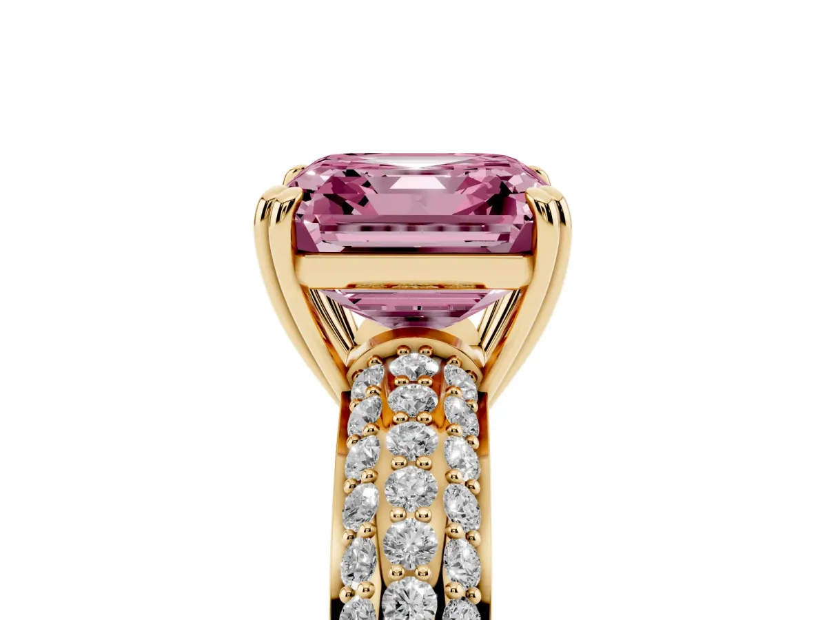 Fancy Pink Asscher Cut Diamond Solitaire Ring with Multi-Row Round Pavé Band and Prong Setting Yellow gold