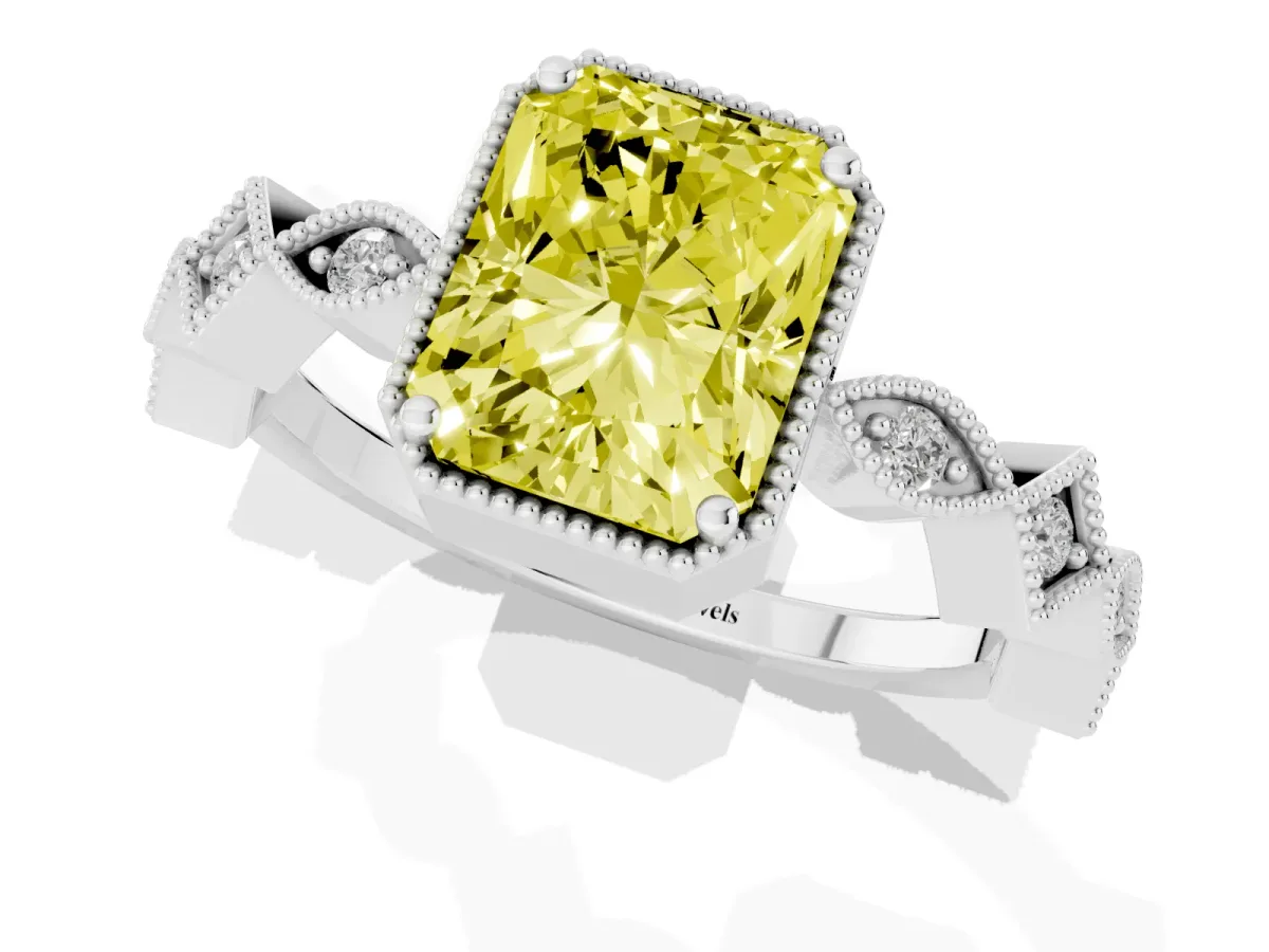 Fancy Yellow Radiant Cut Milgrain Marquise Diamond Twist Band Ring Silver