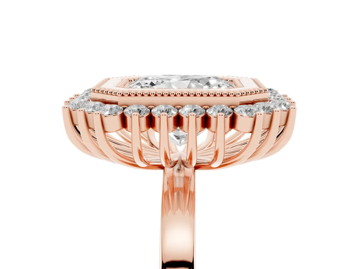 Radiant Cut Halo Diamond Ring with Milgrain Edge and Round Prong Setting Rose gold
