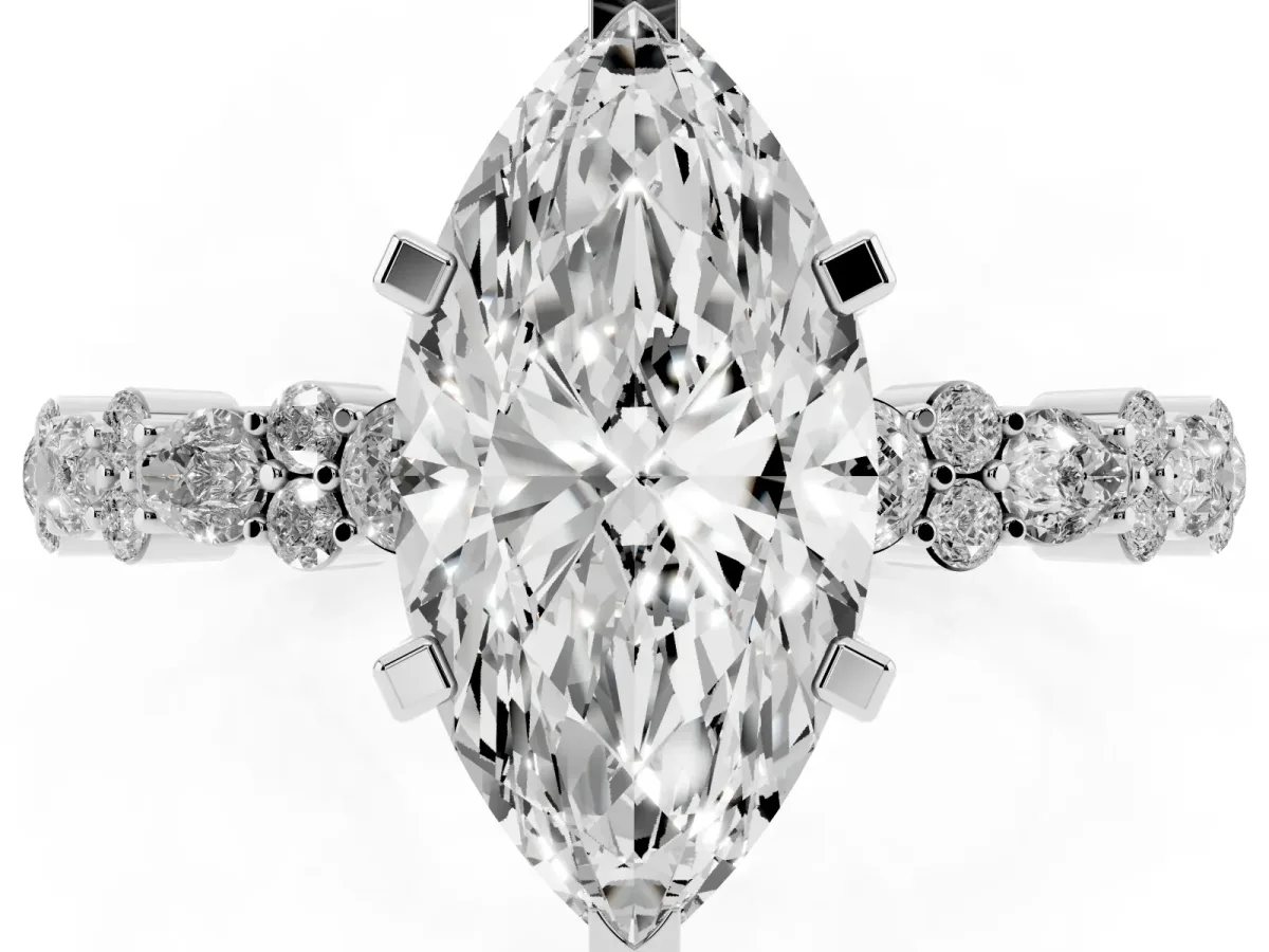 Marquise Cut Diamond Side Stone Solitaire Ring with Round and Four-Prong Setting Silver