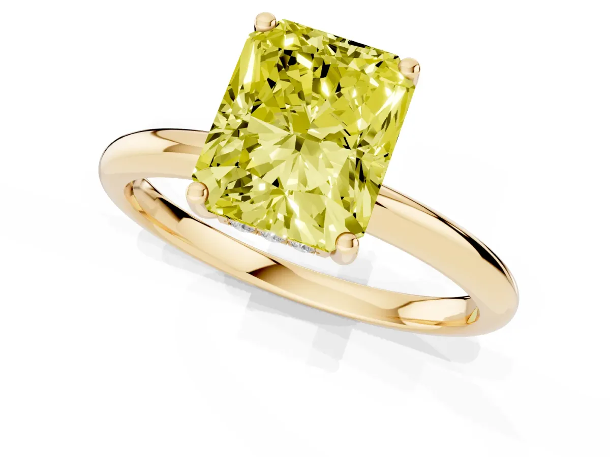 Fancy Yellow Radiant Cut Cut Solitaire Engagement Ring with Four-Prong Setting and Classic Band Yellow gold
