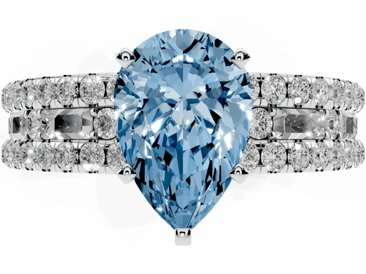 Fancy Blue Pear Cut Diamond Solitaire Ring with Pavé and Channel Set Band Silver