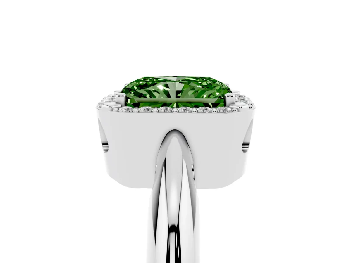 Fancy Green Radiant Cut Cut Diamond Halo Engagement Ring with Split Shank and Four-Prong Setting Silver