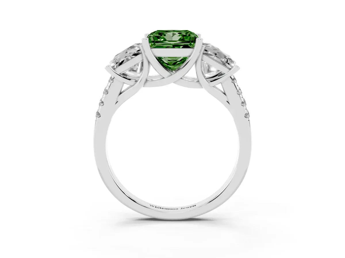 Fancy Green Three-Stone Princess Cut Diamond Ring with Round Pavé Band and Prong Setting Silver