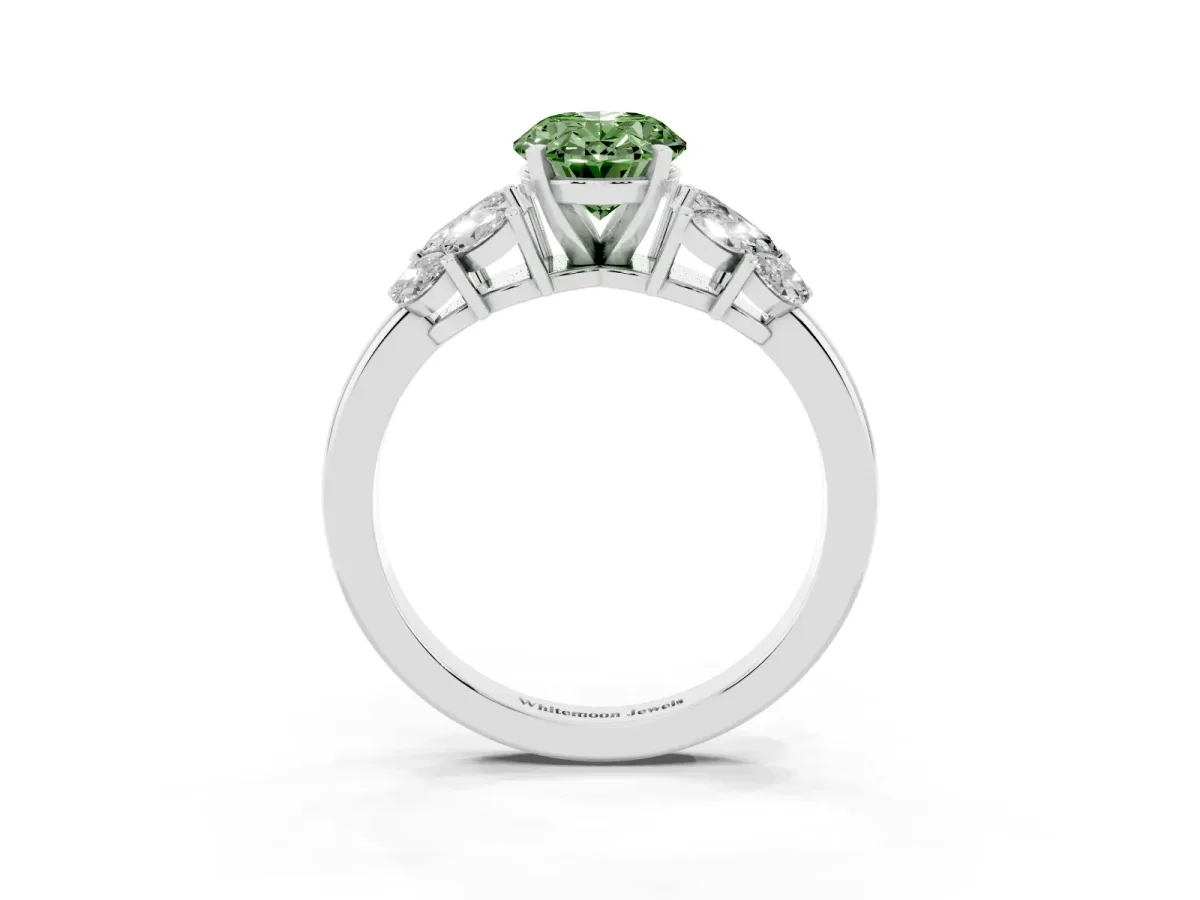 Fancy Green Oval Cut Diamond Cluster Leaf Design Ring with Prong Setting Platinum