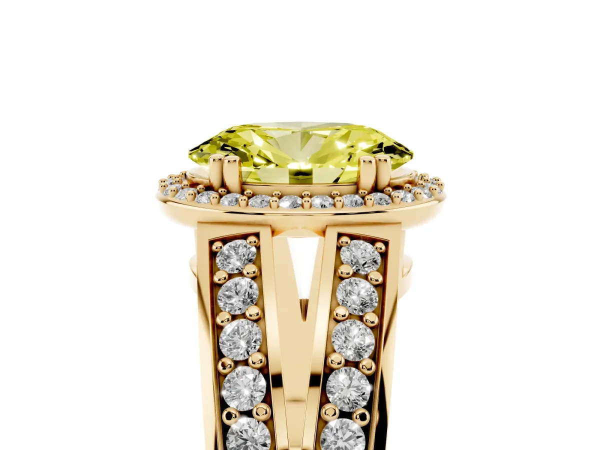 Fancy Yellow Oval Cut Diamond Halo Ring with Split Shank Pavé Band and Four-Prong Setting Yellow gold