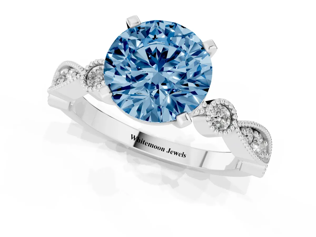 Fancy Blue Round Cut Milgrain Bezel Diamond Engagement Ring with Solitaire Prong Setting Platinum
