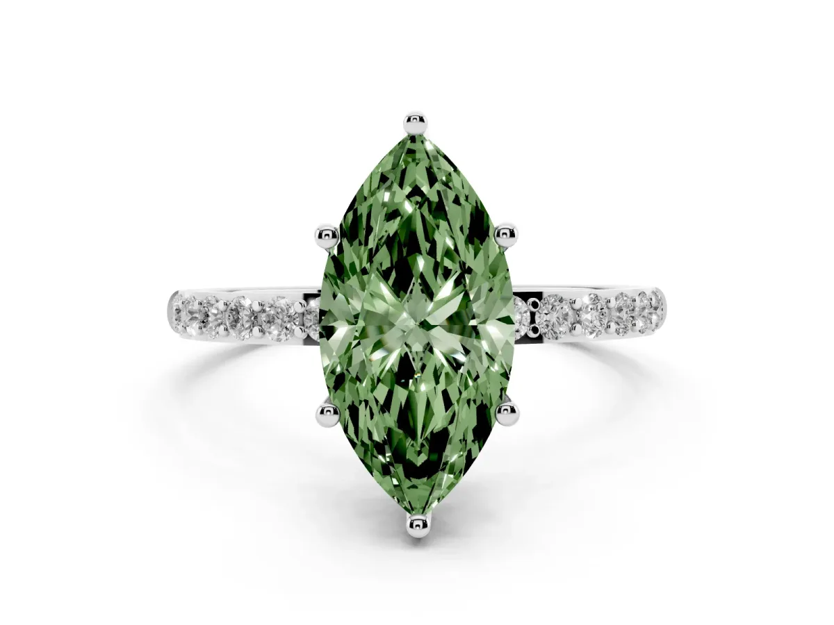 Fancy Green Marquise Cut Diamond Solitaire Ring with Round Pavé Shoulders and Prong Setting Silver