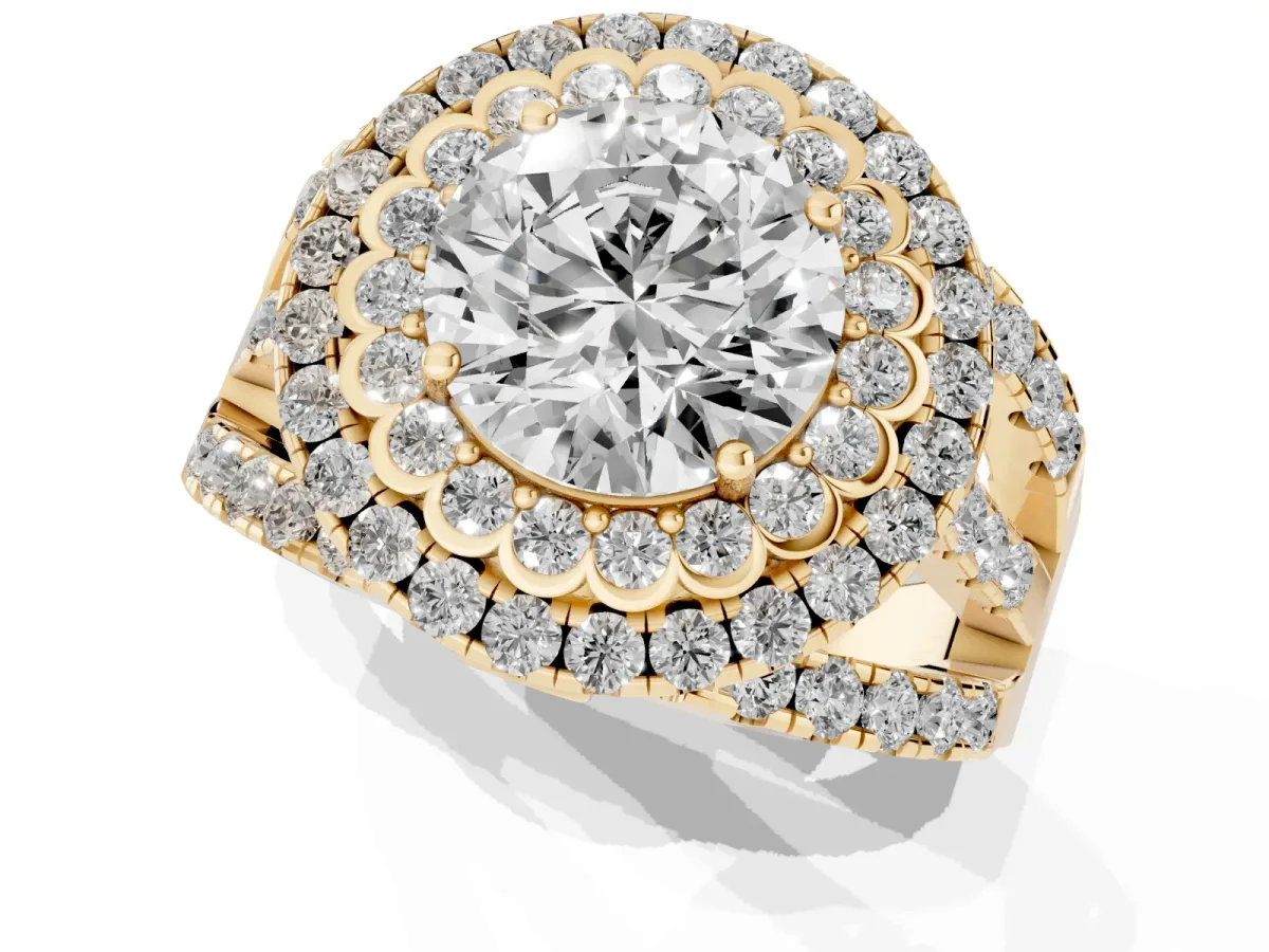 Round Cut Diamond Double Halo Ring with Round Pavé Split Shank and Prong Setting Yellow gold