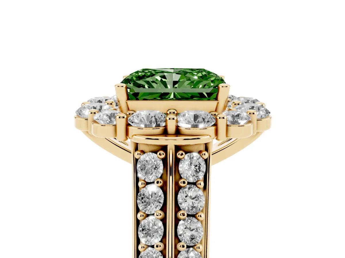 Fancy Green Radiant Cut Halo Diamond Engagement Ring with Split Shank and Prong Setting Yellow gold