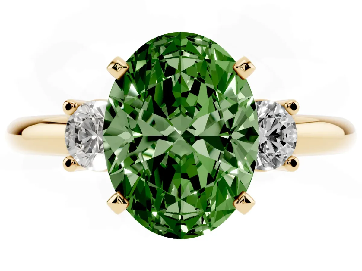 Fancy Green Three-Stone Oval Cut Cut Diamond Solitaire with Prong Setting and Classic Band Yellow gold