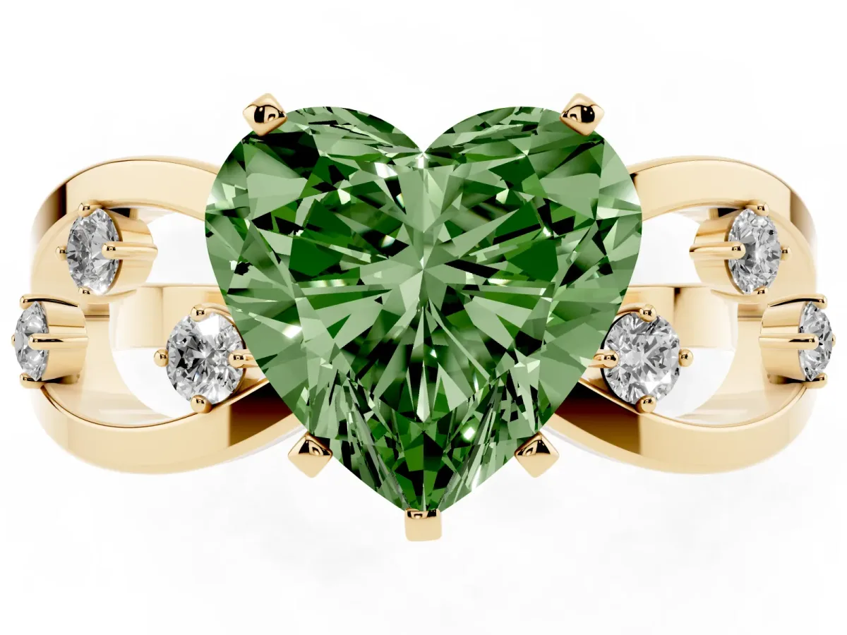 Fancy Green Heart Cut Cut Solitaire Diamond with Side Stones on Criss-Cross Band and Four-Prong Setting Yellow gold