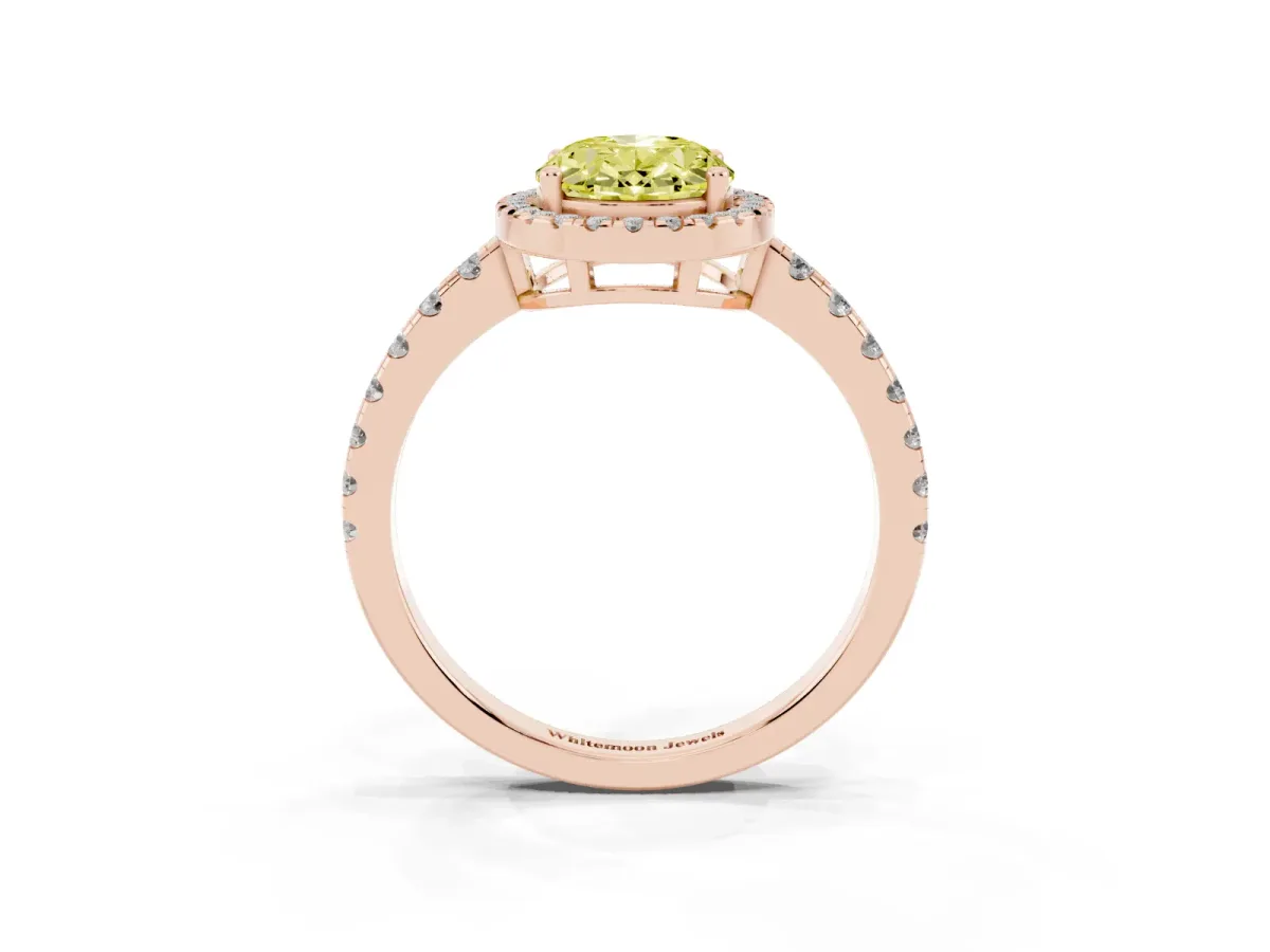 Fancy Yellow Oval Cut Diamond Halo Ring with Pavé Band and Four-Prong Setting Rose gold