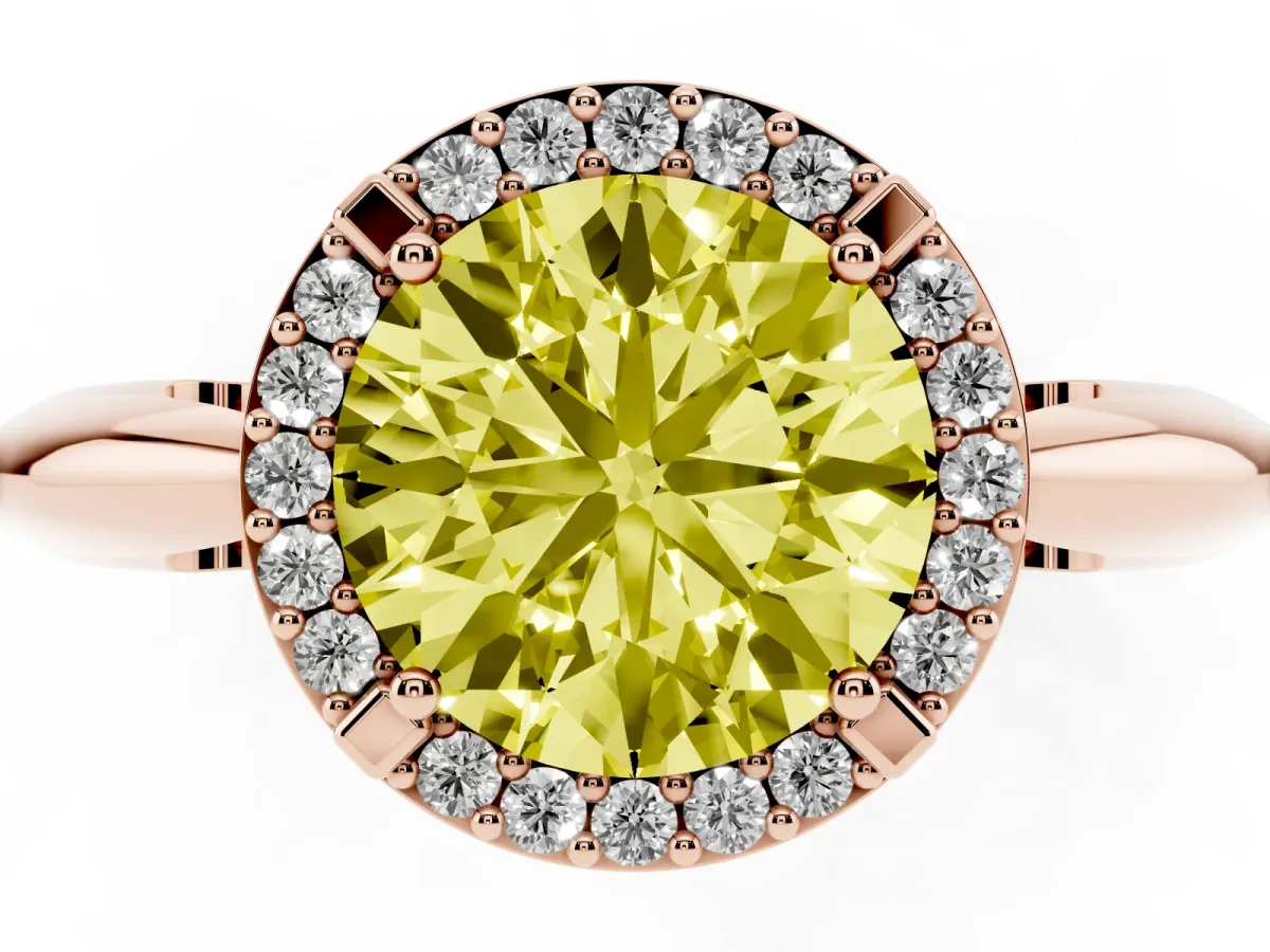 Fancy Yellow Round Cut Cut Diamond Halo Engagement Ring with Split Shank and Four-Prong Setting Rose gold