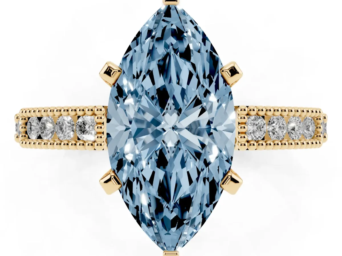 Fancy Blue Marquise Cut Solitaire with Pavé Band and Four-Prong Setting Yellow gold