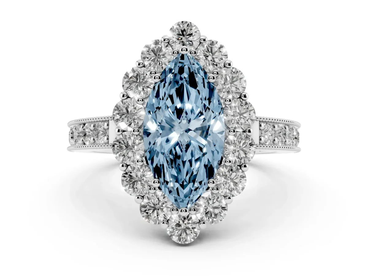 Fancy Blue Marquise Cut Cut Halo Diamond Pavé Engagement Ring with Milgrain Detailing Silver