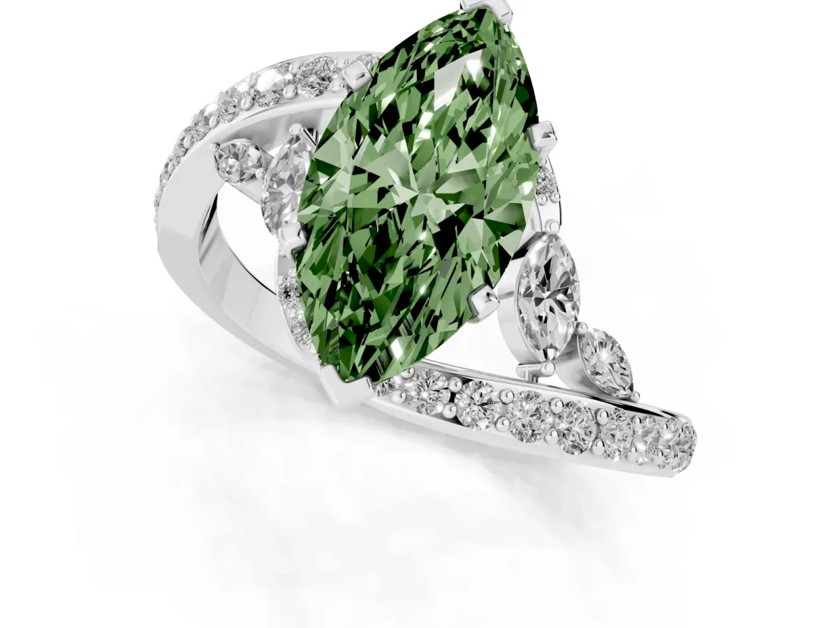 Fancy Green Marquise Cut Solitaire with Pavé Twist Band and Four-Prong Setting White gold