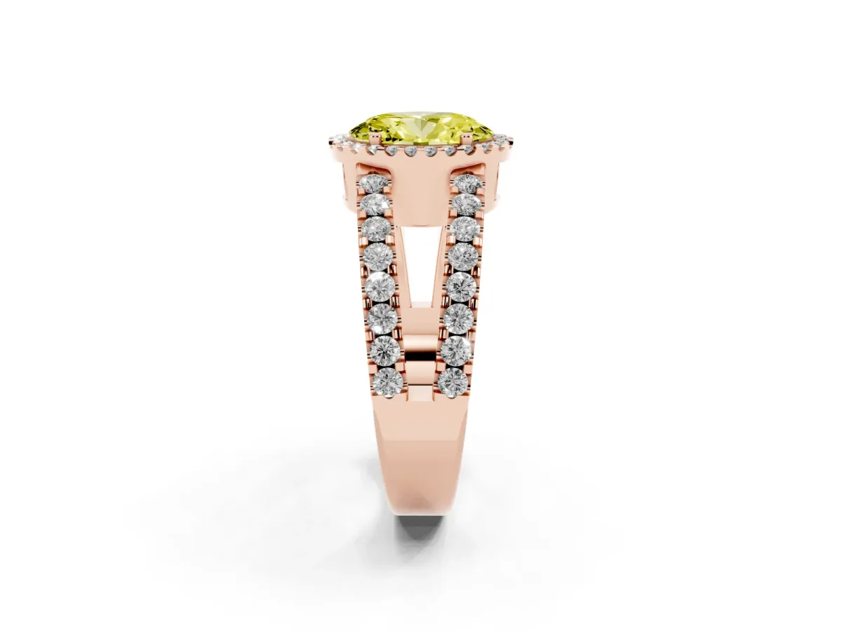 Fancy Yellow Oval Cut Cut Halo Split Shank Diamond Ring with Four-Prong Setting Rose gold