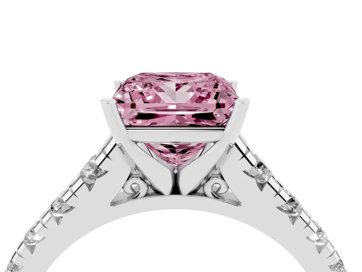 Fancy Pink Princess Cut Diamond Cathedral Solitaire Ring with Round Pavé Band Silver