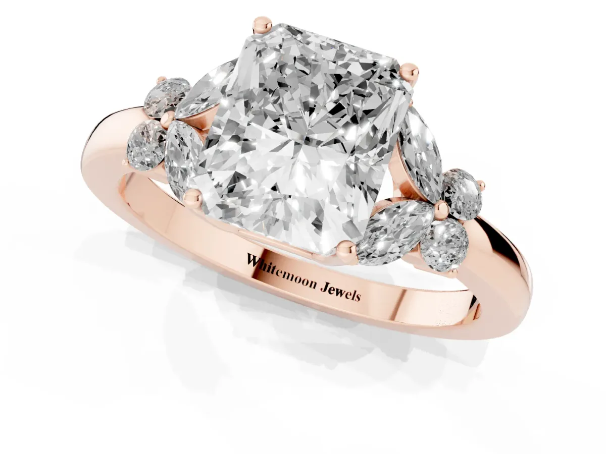 Radiant Cut Cut Solitaire Floral Diamond Ring with Four-Prong Setting Rose gold