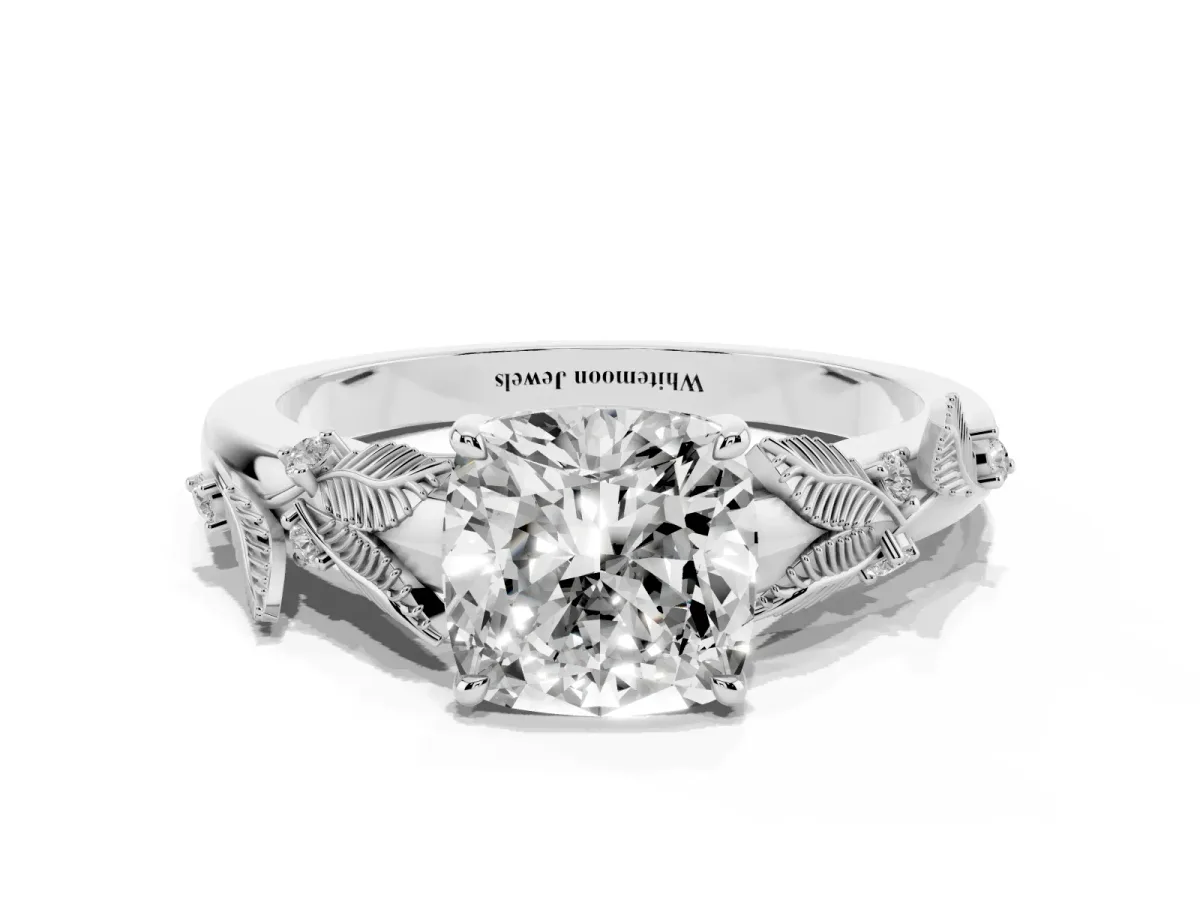 Cushion Cut Diamond Solitaire Ring with Leaf Motif Band and Four-Prong Setting Silver