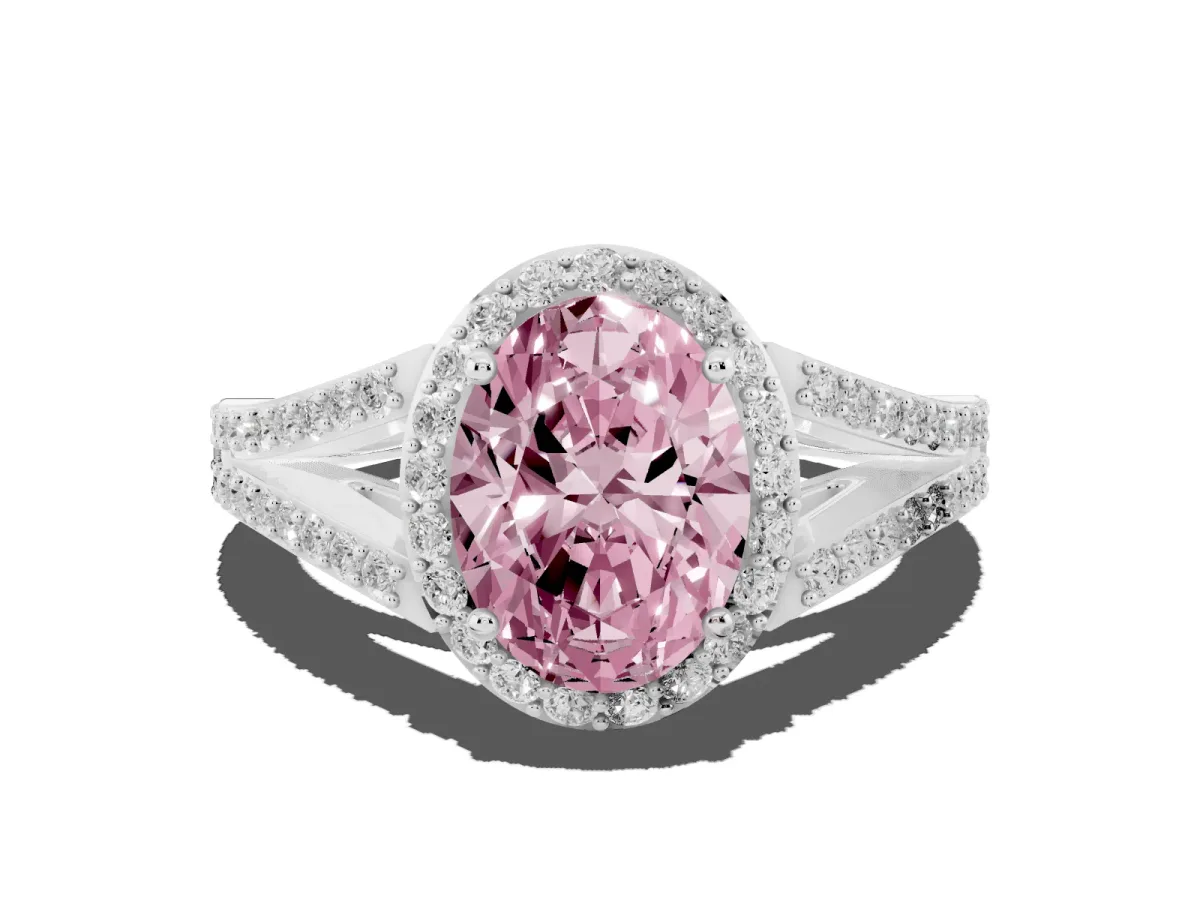 Fancy Pink Oval Cut Halo Split Shank Pave Diamond Ring with Four-Prong Setting White gold