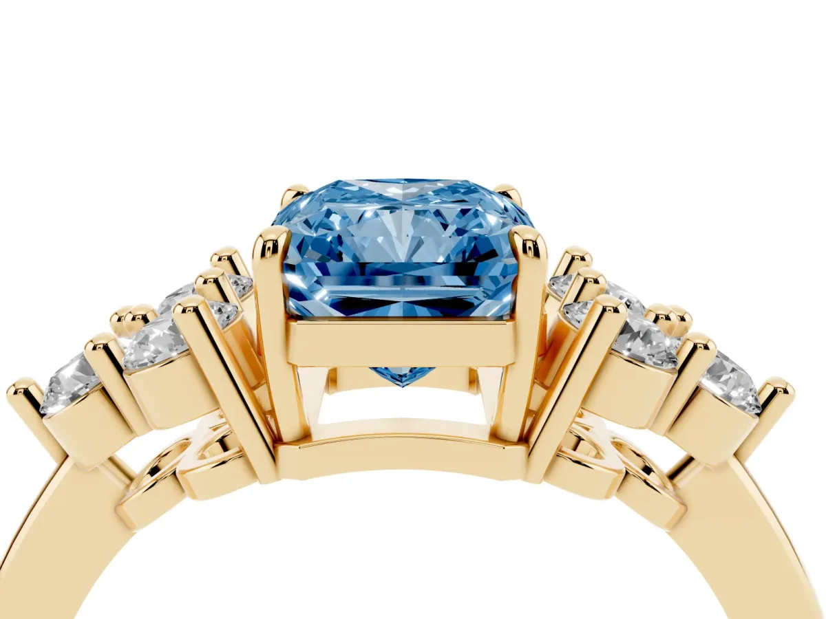 Fancy Blue Radiant Cut Brilliant Diamond Cluster Accent Solitaire Ring with Prong Setting Yellow gold