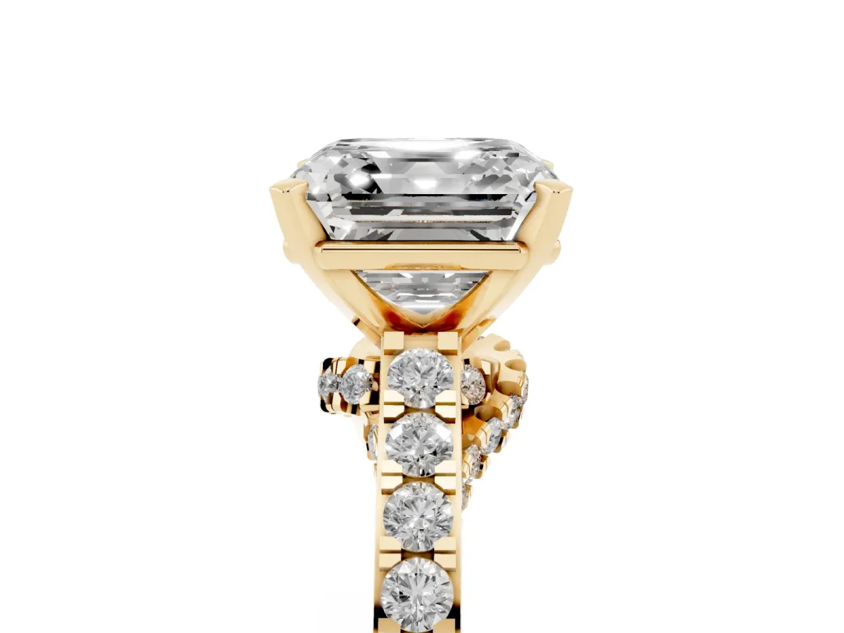 Asscher Cut Diamond Solitaire Ring with Crossover Gallery and Round Pavé Band Yellow gold