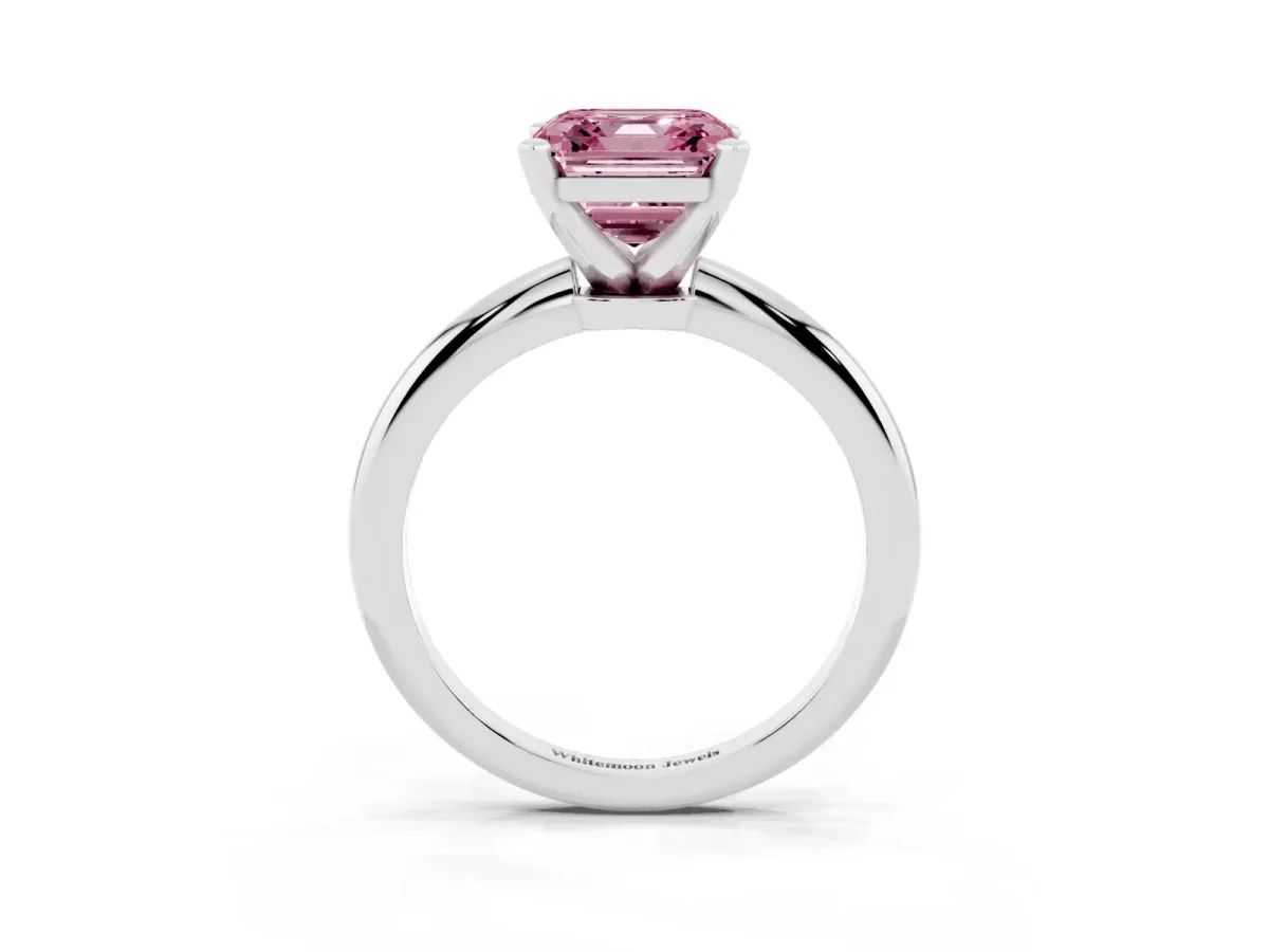Fancy Pink Asscher Cut Diamond Solitaire Ring with Prong Setting and Classic Band Silver