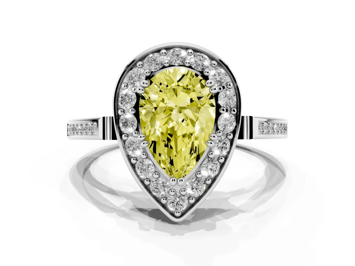 Fancy Yellow Pear Cut Diamond Halo Ring with Split Shank and Four-Prong Setting Silver