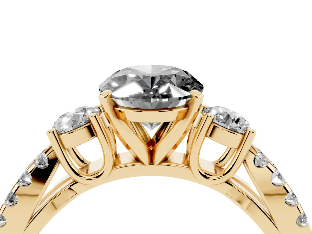 Fancy Black Oval Cut Diamond Three-Stone Ring with Pavé Split Shank and Four-Prong Setting Yellow gold