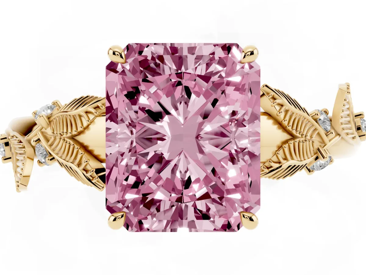 Fancy Pink Radiant Cut Diamond Solitaire Ring with Leaf Motif Band and Four-Prong Setting Yellow gold