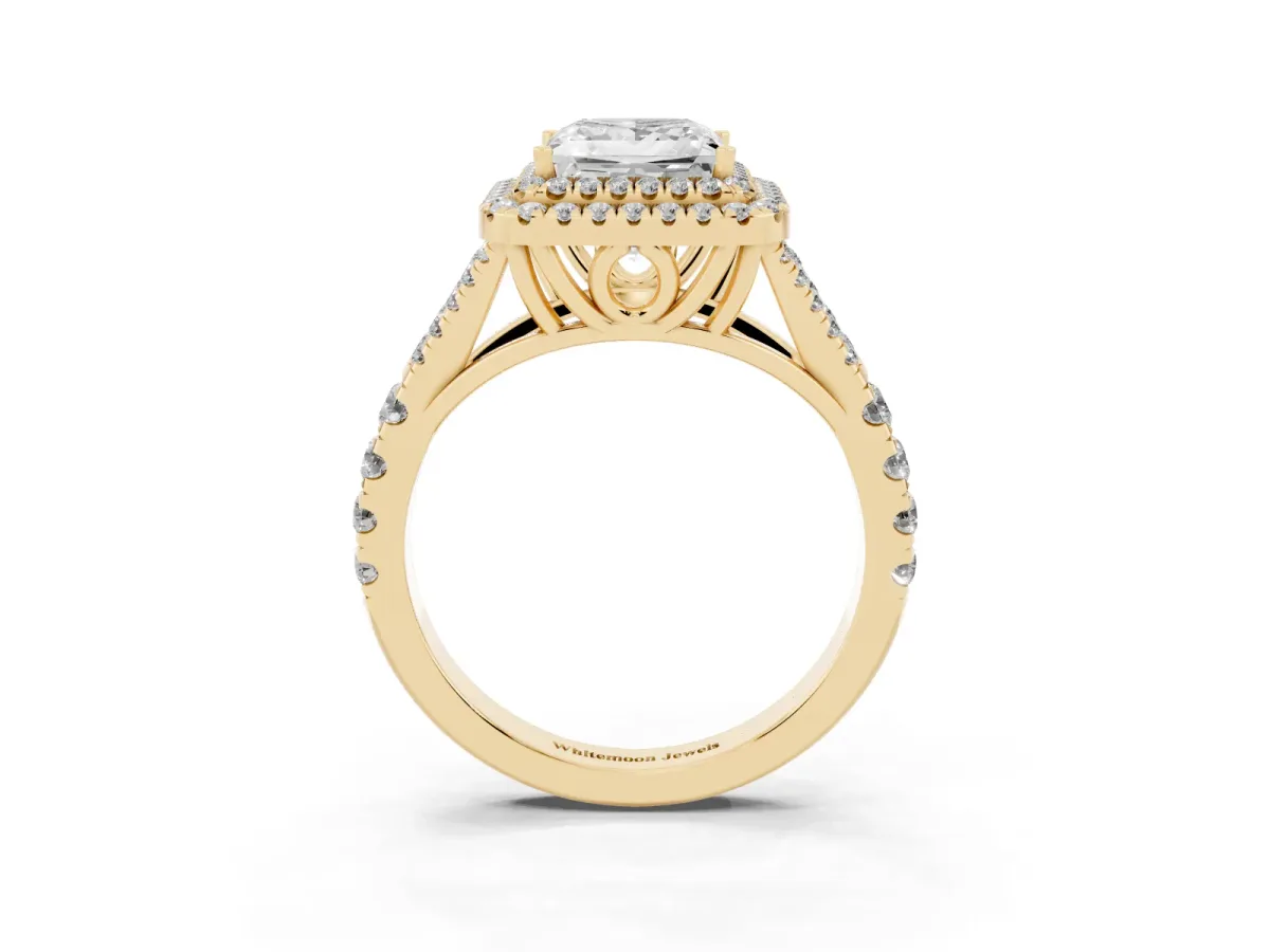 Princess Cut Diamond Double Halo Ring with Split Shank and Prong Setting Yellow gold