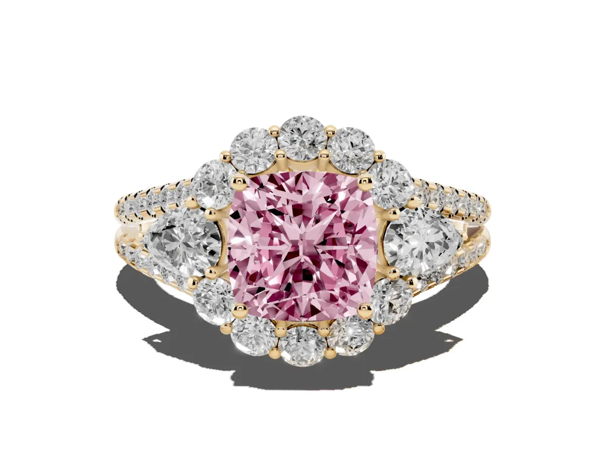 Fancy Pink Cushion Cut Halo Split Shank Diamond Engagement Ring with Prong Setting Yellow gold
