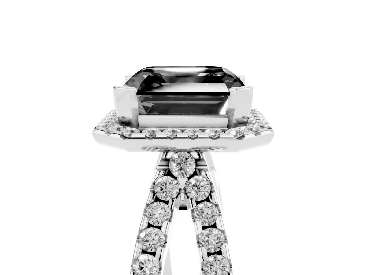 Fancy Black Asscher Cut Diamond Halo Ring with Split Shank Pavé Band and Prong Setting Silver
