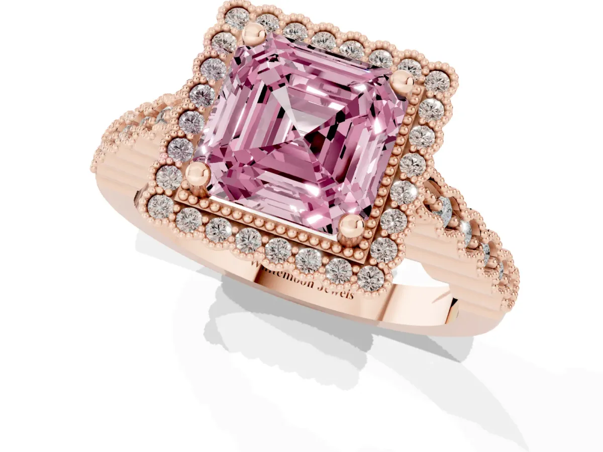 Fancy Pink Asscher Cut Cut Halo Pavé Solitaire Ring with Milgrain Band Rose gold