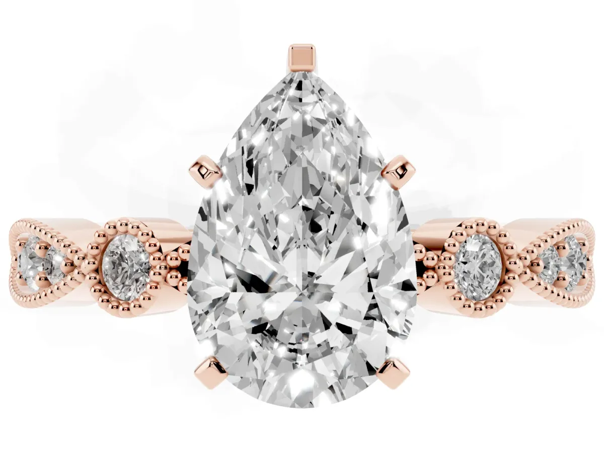 Pear Cut Milgrain Bezel Diamond Engagement Ring with Solitaire Prong Setting Rose gold
