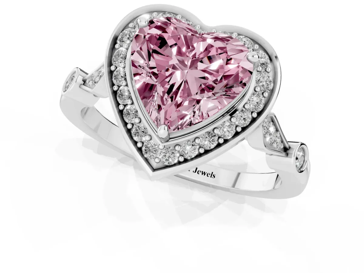 Fancy Pink Heart Cut Halo Diamond Engagement Ring with Twisted Band and Four-Prong Setting White gold