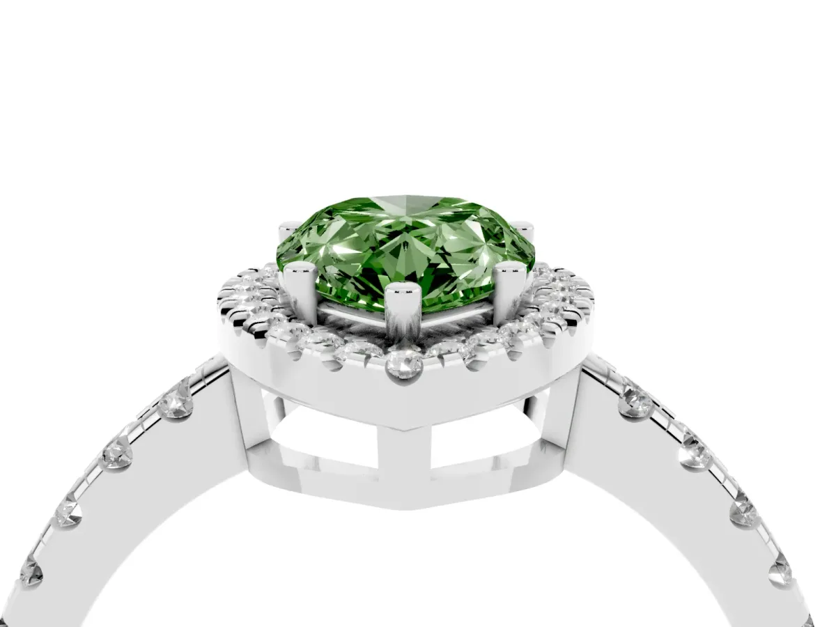 Fancy Green Pear Cut Diamond Halo Ring with Pavé Band and Four-Prong Setting Silver