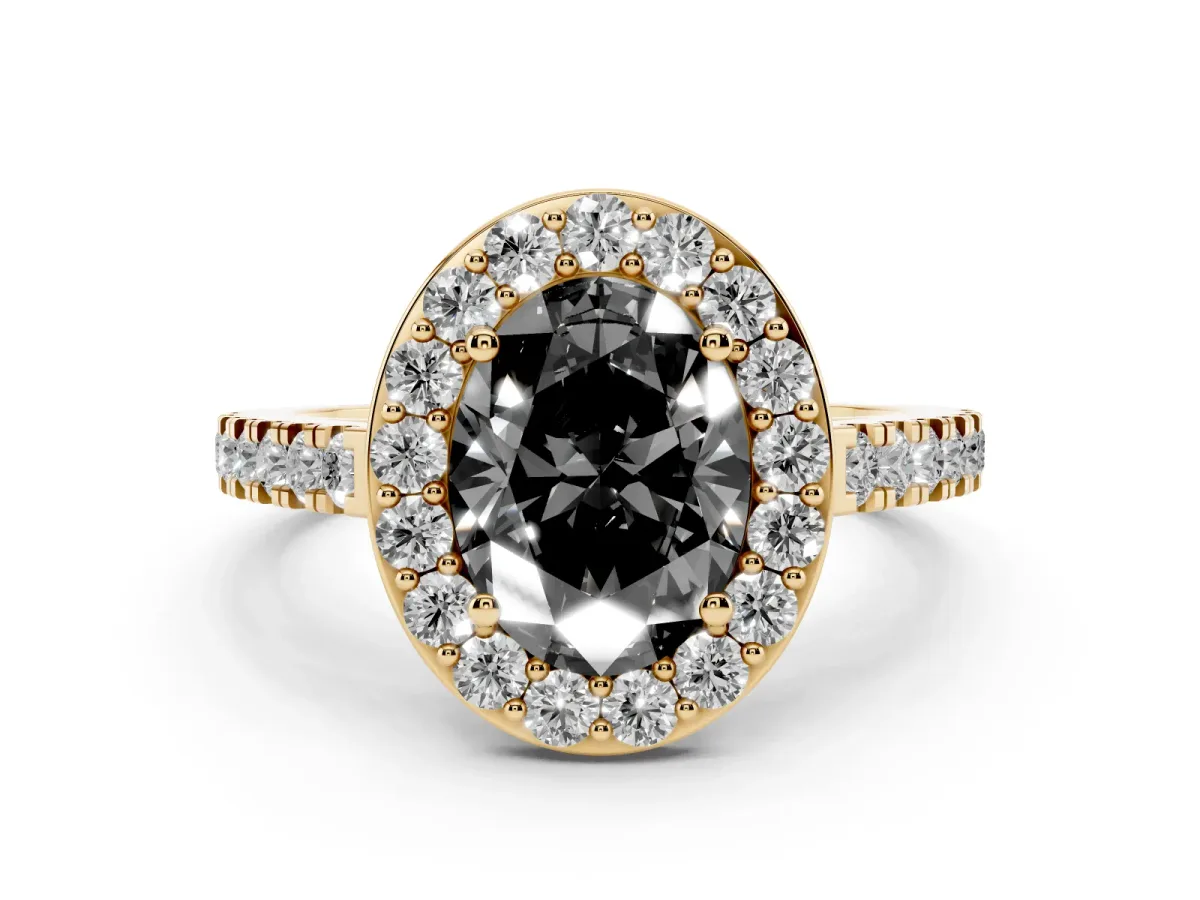 Fancy Black Oval Cut Diamond Halo Ring with Round Pavé Split Shank and Prong Setting Yellow gold