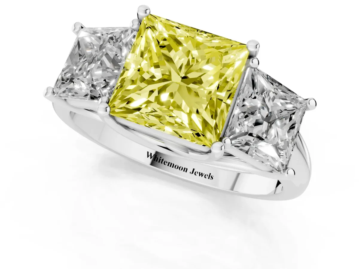 Fancy Yellow Three-Stone Princess Cut Diamond Engagement Ring with Prong Setting Silver