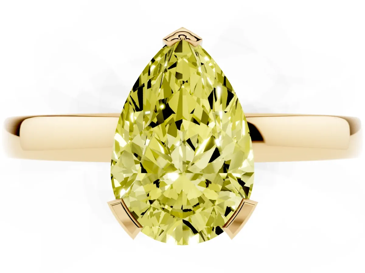 Fancy Yellow Pear Cut Cut Solitaire Ring with Four-Prong Setting and Classic Band Yellow gold
